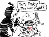 A bomb humanoid (representing Giant Bomb) mistaking Boyfriend for Freddy Fazbear.