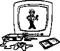 Video oyun konsolu ve Hikaye Modu menüsünde açık oyun kasası bulunan bir CRT TV'de Senpai'nin siyah çizgi animasyonu.