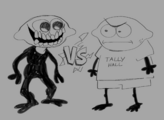 Doodle of Monster facing off against a creature with a lemon-shaped head and a Tally Hall shirt, drawn by Bassetfilms in response to a fan request.