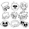 Sketched animated icons for Daddy Dearest, Mommy Mearest, Pico, Skid and Pump, Senpai, Tankman, Monster, Spirit, and Darnell.