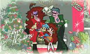 Monster watching Boyfriend, Girlfriend, Daddy Dearest, and Mommy Mearest celebrate Christmas, drawn by evilsk8r.