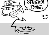 A doodle of a smiling face, Boyfriend with a suspicious face, and Mario saying "Stream time".