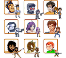 moawling's pixel art for Super Newgrounds Hyper Fighter II, featuring multiple characters, including Pico, Tankman, Hank J. Wimbleton, etc.