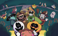 Artwork of Skid and Pump trick or treating with the Hatzgang and Pump's sister Susie for Halloween (2023).