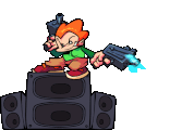 Pico spinning his guns at the speakers.